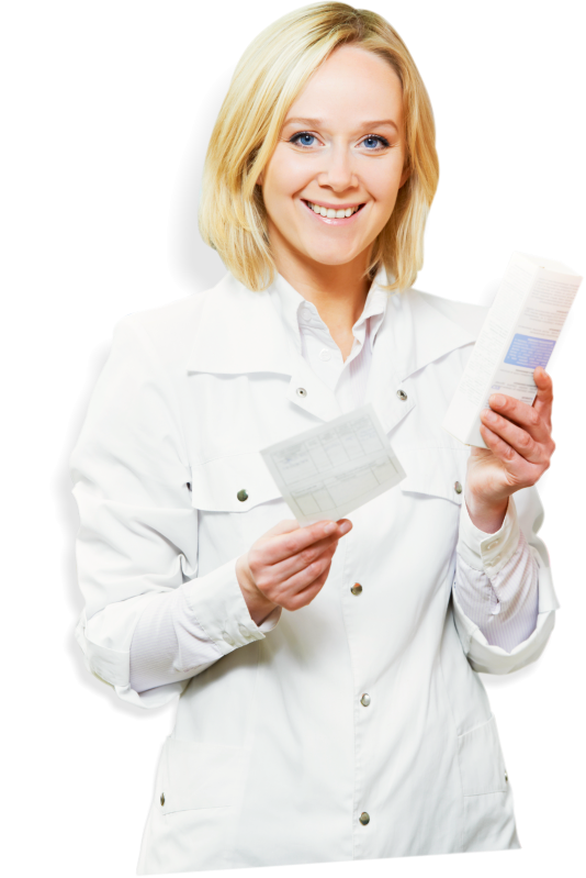 Cheerful happy pharmacist chemist woman working in pharmacy drugstore